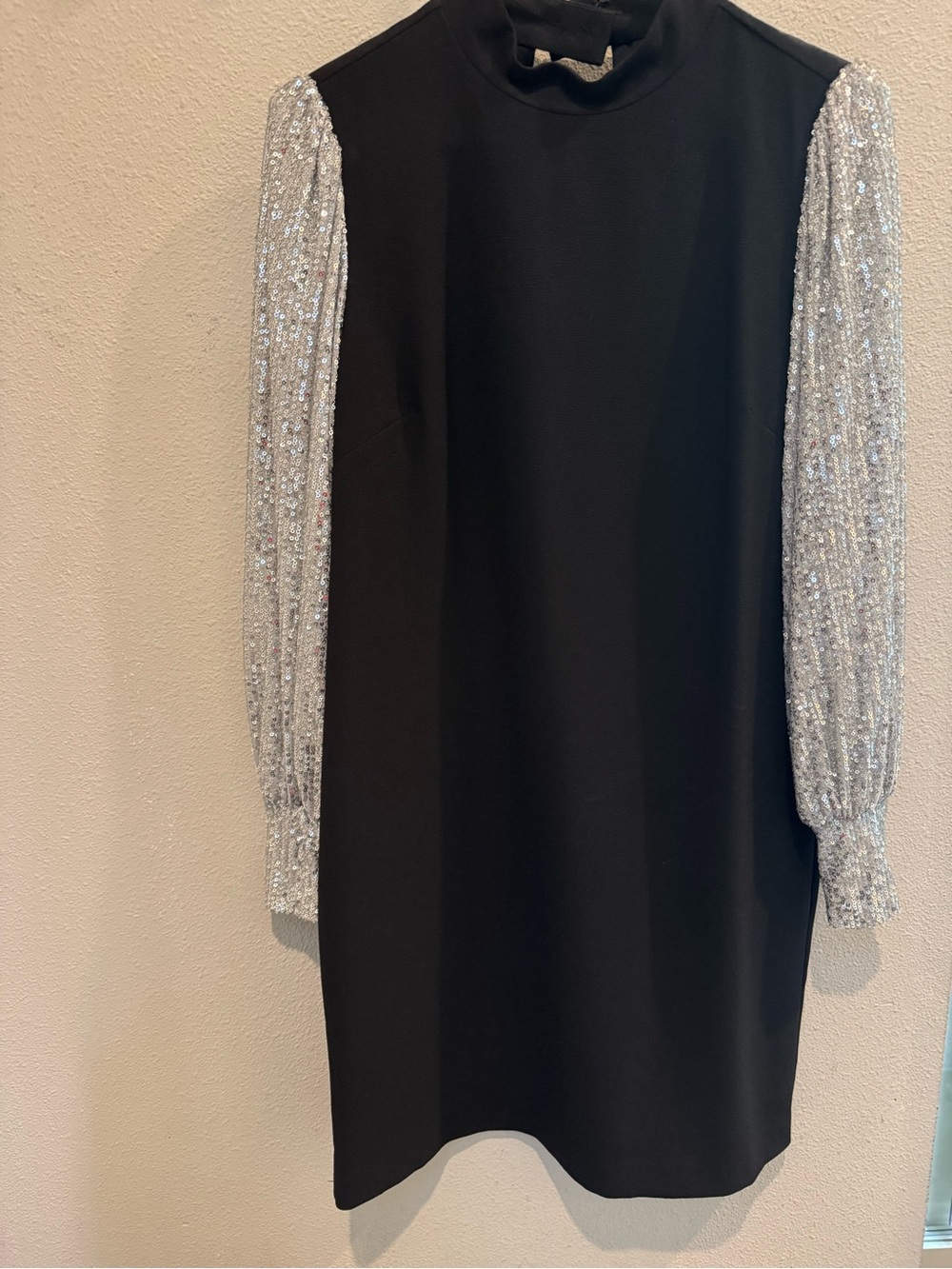 Nicole Miller Black Shift Dress with Silver Sequin Long Sleeves